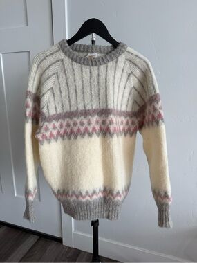 Pure Icelandic Wool Classic Fair Isle Crewneck Sweater in Cream, Gray & Pink